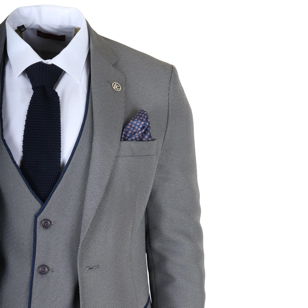 Men's 3 Piece Grey Tailored Fit Suit with Blue Trim by TruClothing