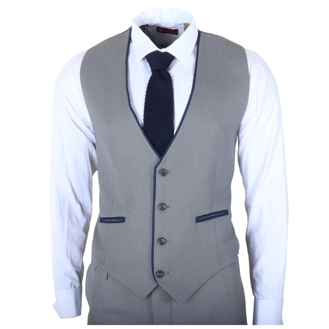 Men's 3 Piece Grey Tailored Fit Suit with Blue Trim by TruClothing