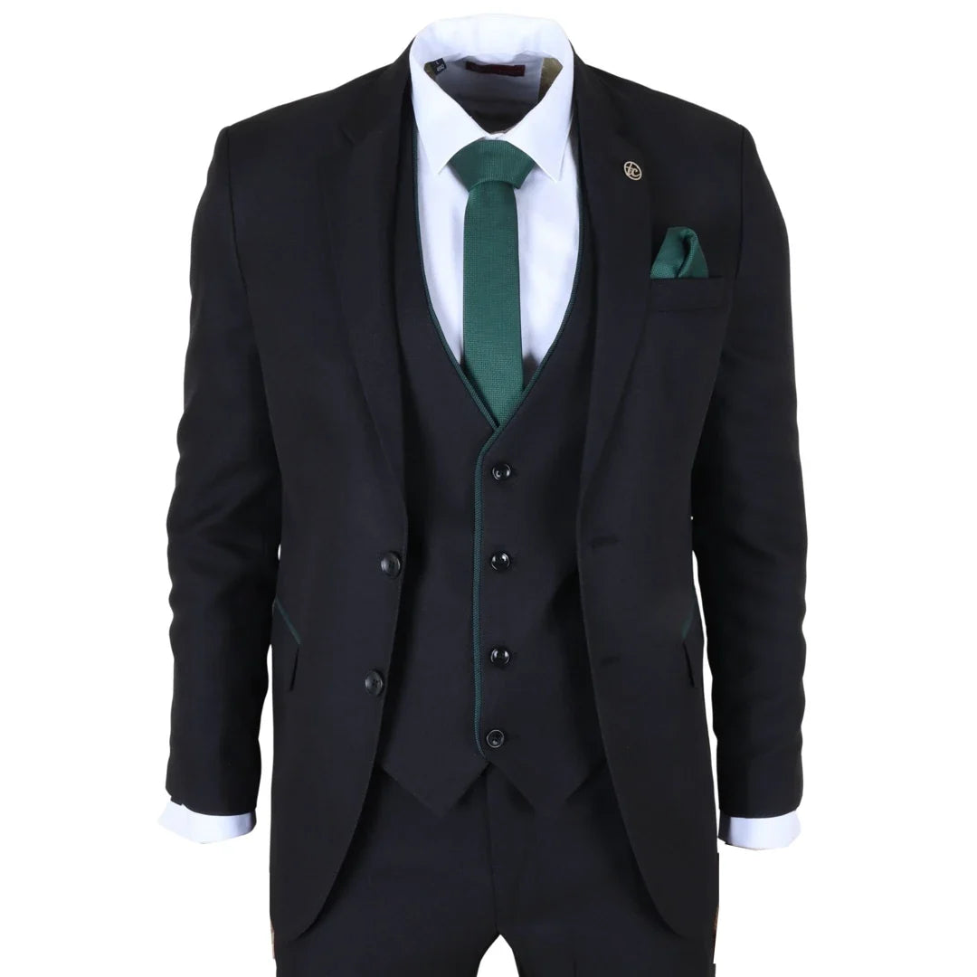 Men's 3 Piece Black Tailored Fit Suit with Green Trim by TruClothing