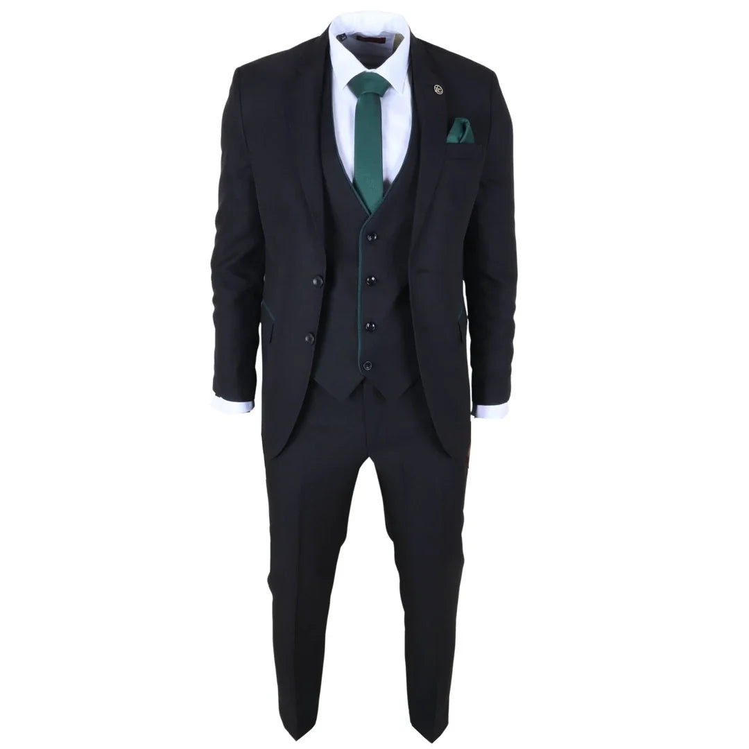 Men's 3 Piece Black Tailored Fit Suit with Green Trim by TruClothing
