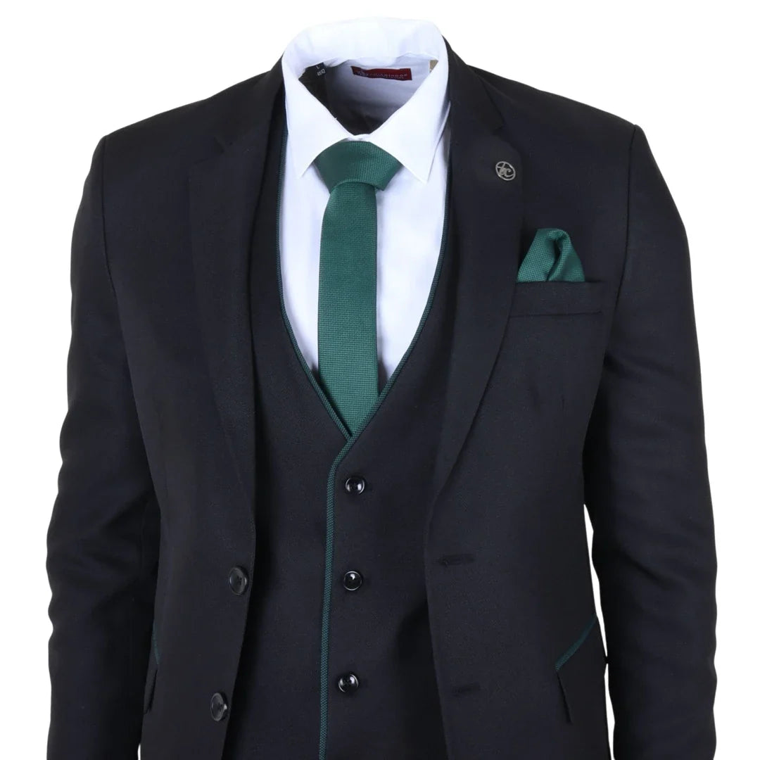 Men's 3 Piece Black Tailored Fit Suit with Green Trim by TruClothing