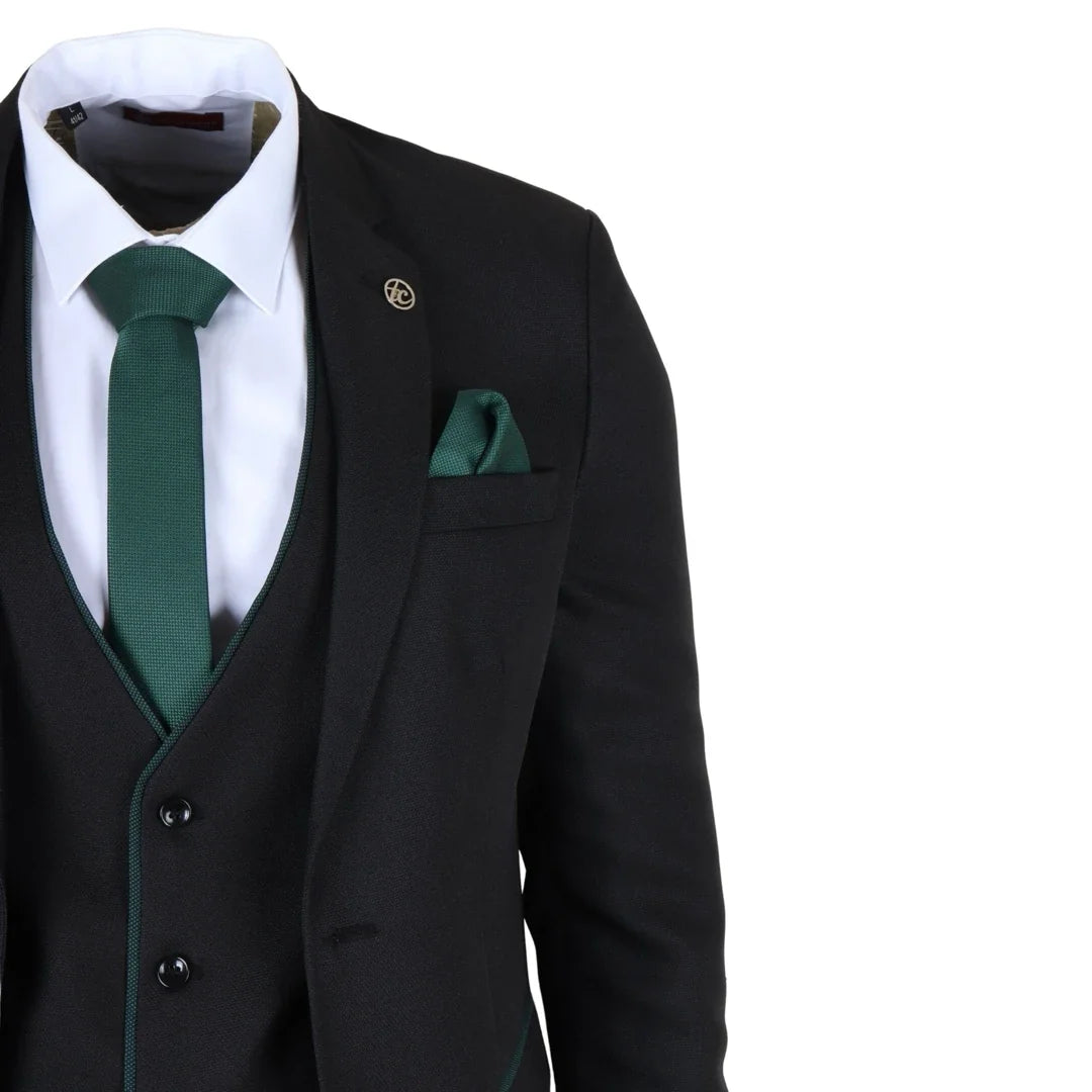 Men's 3 Piece Black Tailored Fit Suit with Green Trim by TruClothing