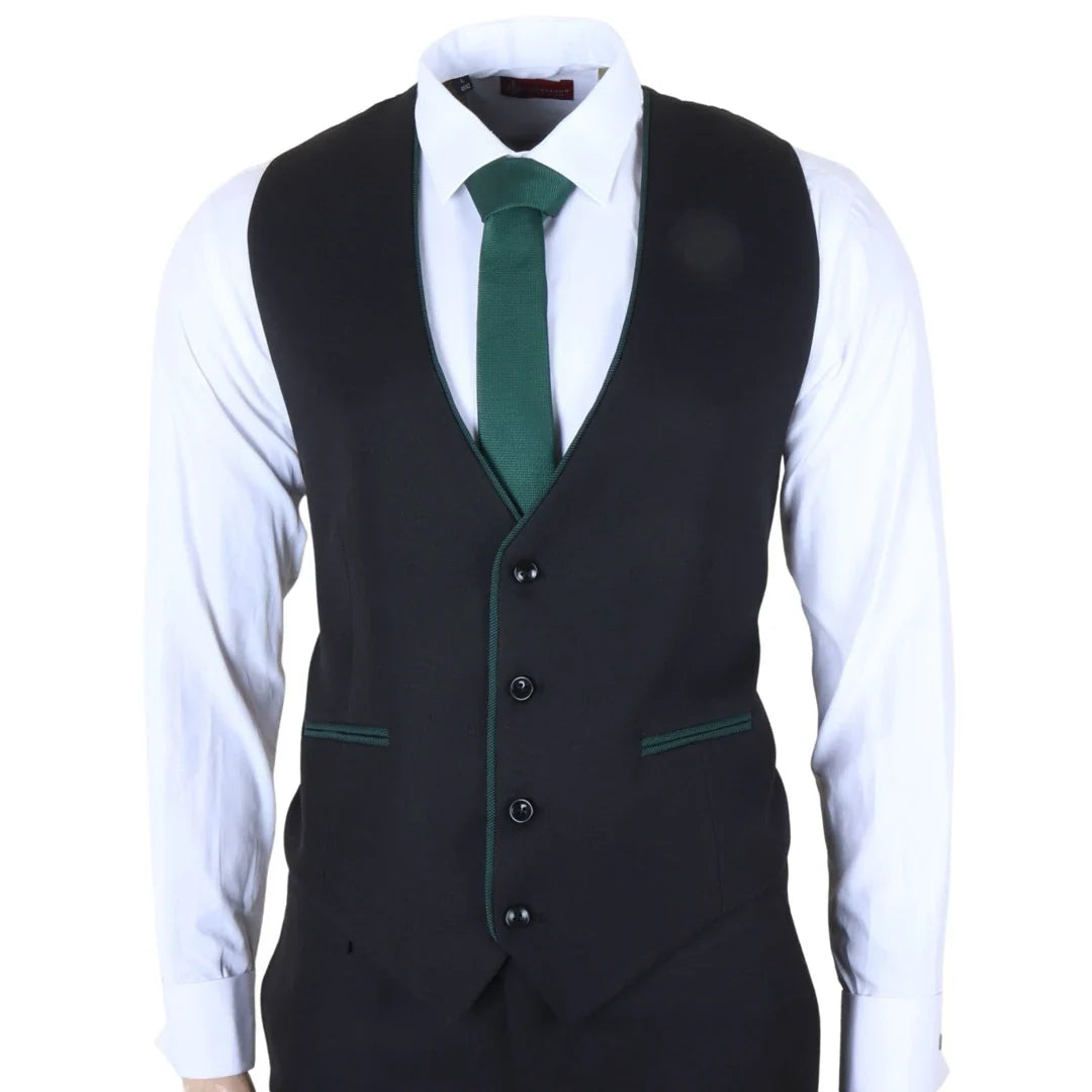 Men's 3 Piece Black Tailored Fit Suit with Green Trim by TruClothing