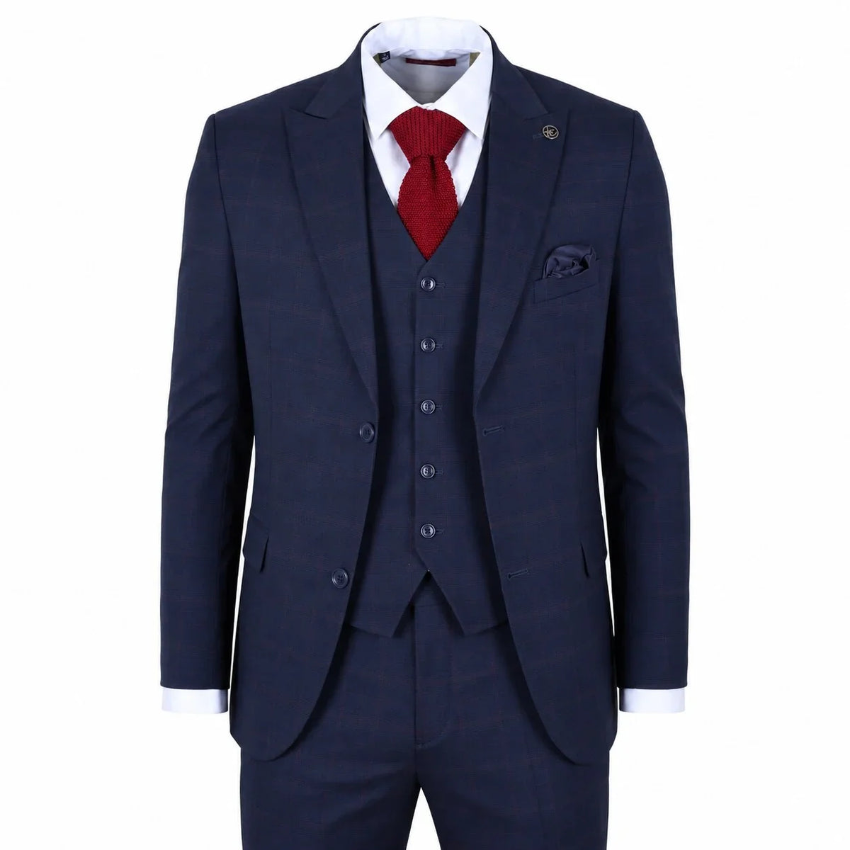 Men's Navy Blue Check Tailored Fit 3 Piece Suit by TruClothing