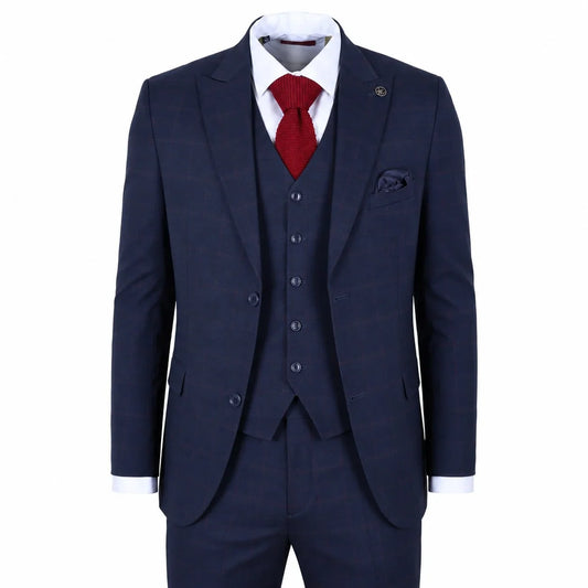 Men's Navy Blue Check Tailored Fit 3 Piece Suit by TruClothing