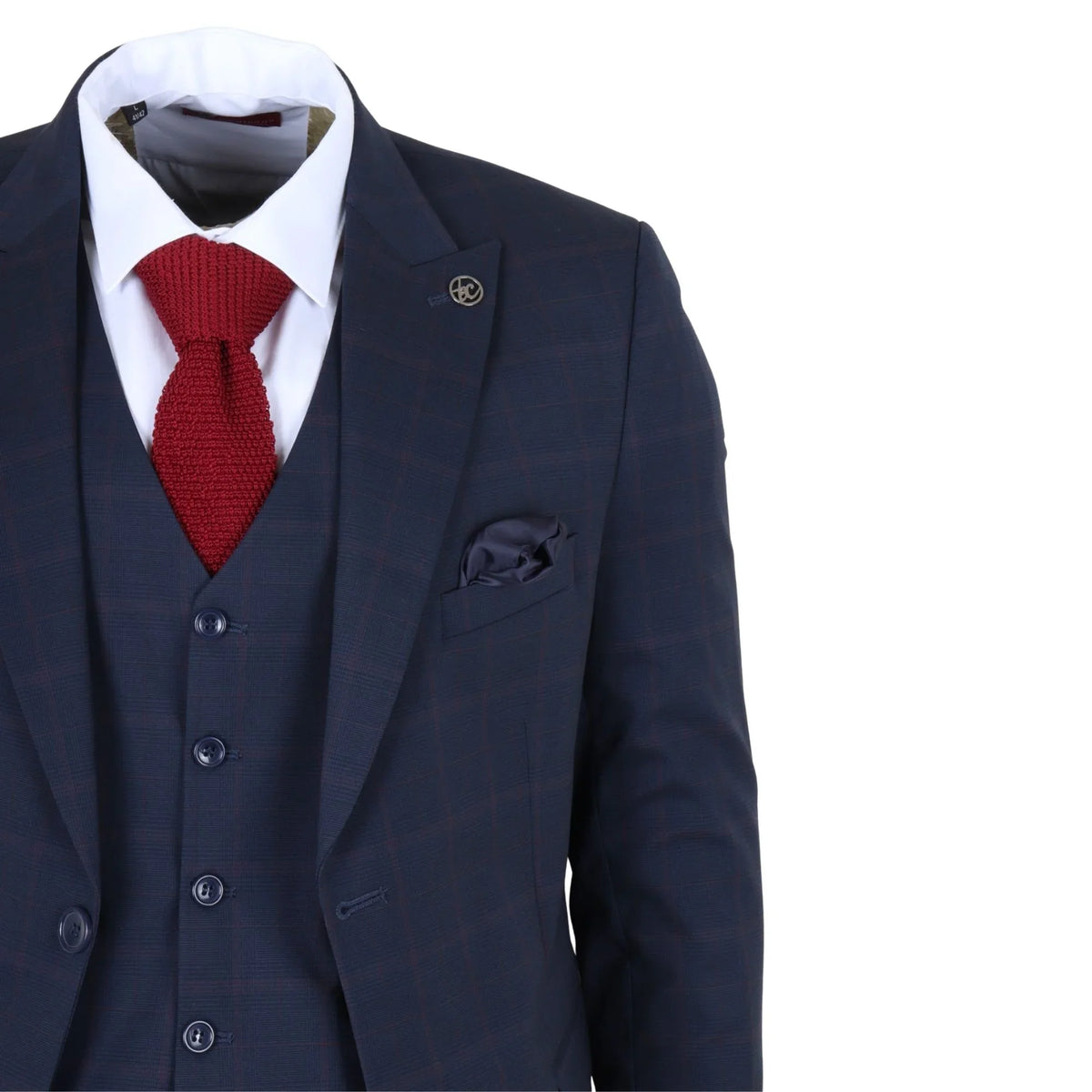 Men's Navy Blue Check Tailored Fit 3 Piece Suit by TruClothing