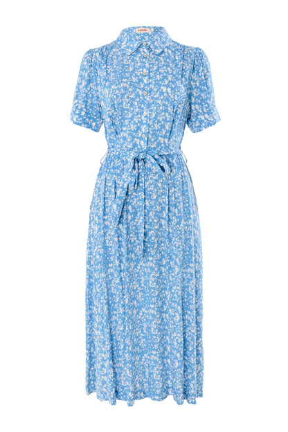Inesa Negative Floral Print Short Sleeve Midi Shirt Dress - Blue - Bascora