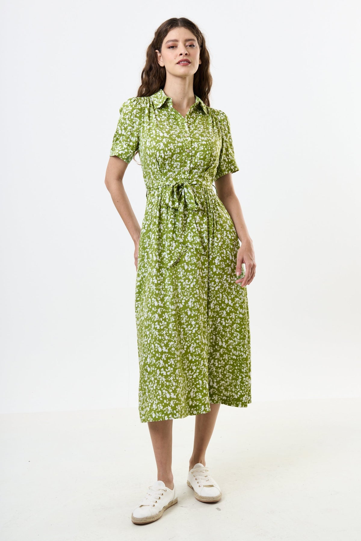 Inesa Negative Floral Print Short Sleeve Midi Shirtdress – Green - Bascora