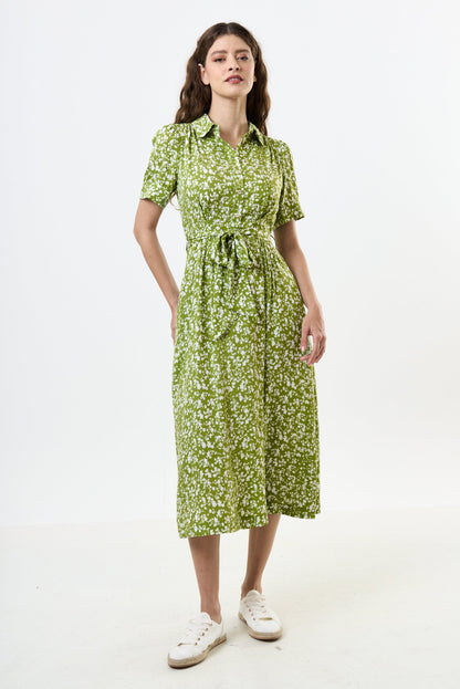 Inesa Negative Floral Print Short Sleeve Midi Shirtdress – Green - Bascora