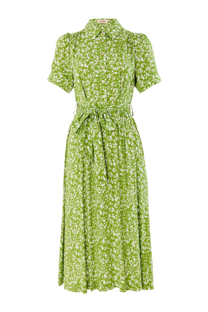 Inesa Negative Floral Print Short Sleeve Midi Shirtdress – Green - Bascora