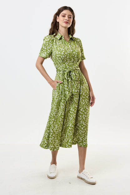 Inesa Negative Floral Print Short Sleeve Midi Shirtdress – Green - Bascora