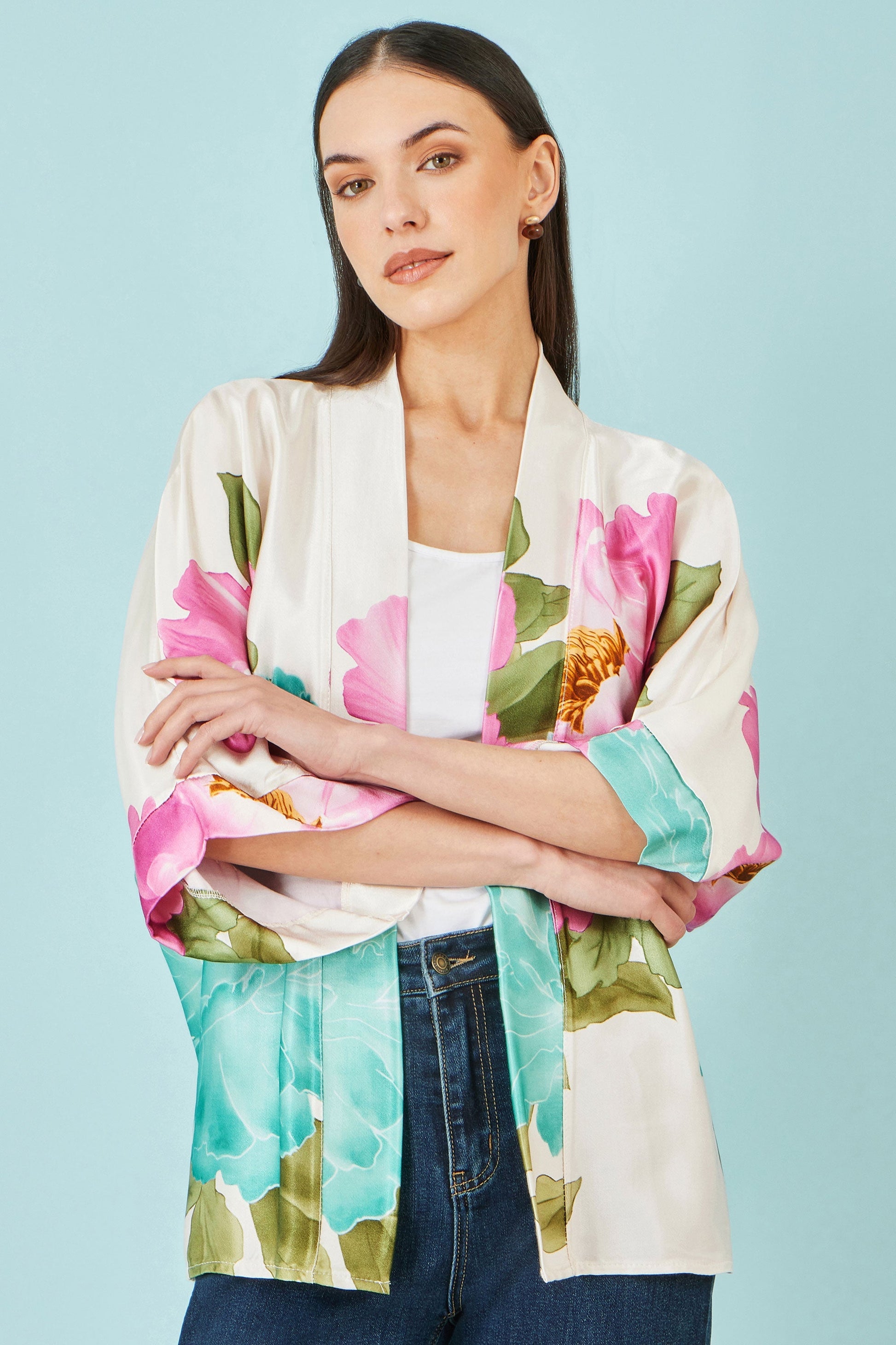 Ivory Floral Print Relaxed Kimono - Bascora