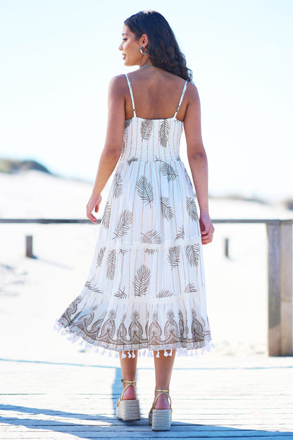 Ivory Foil Print Midi Sun Dress With Lace Trims - Bascora