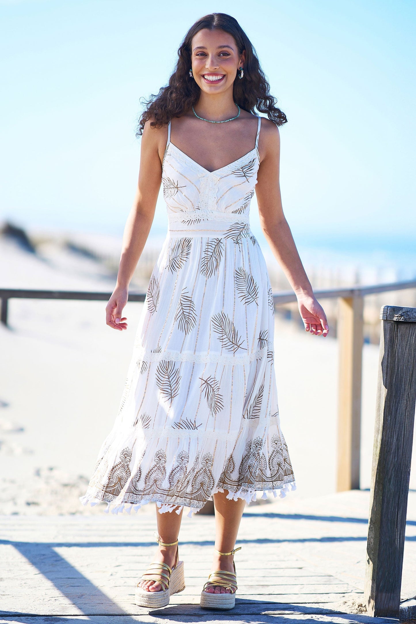 Ivory Foil Print Midi Sun Dress With Lace Trims - Bascora