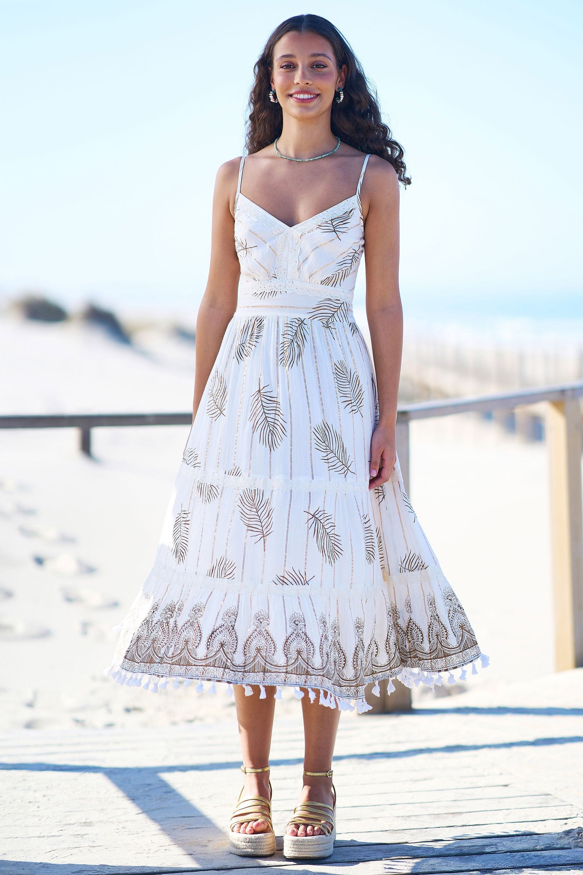 Ivory Foil Print Midi Sun Dress With Lace Trims - Bascora