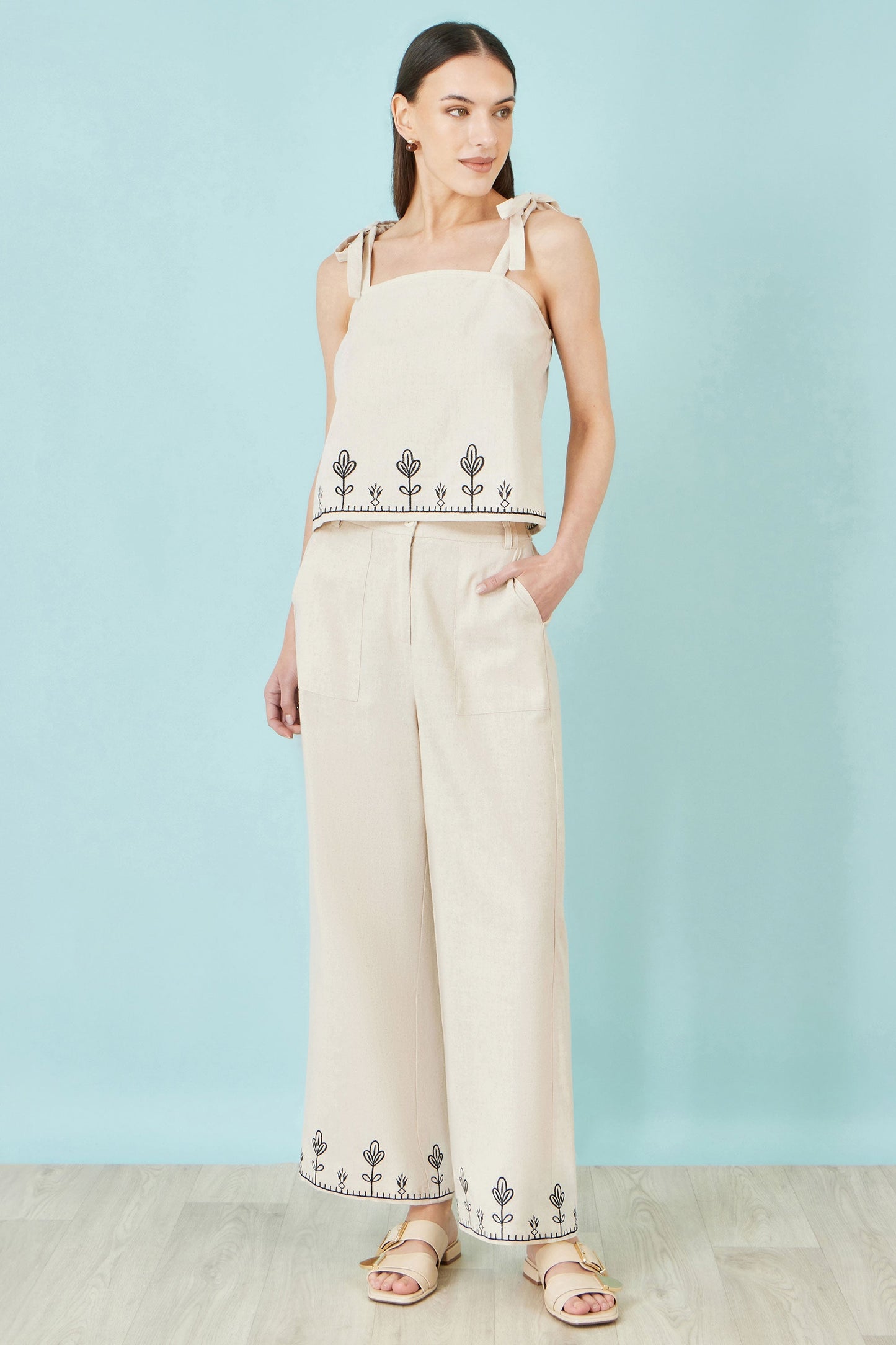 Ivory Linen Mix Embroirdered Top - Bascora
