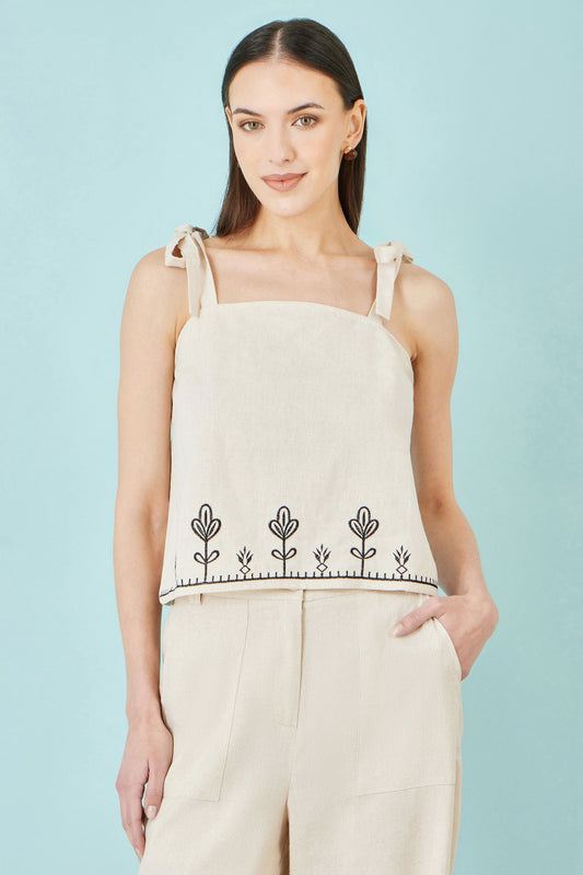 Ivory Linen Mix Embroirdered Top - Bascora