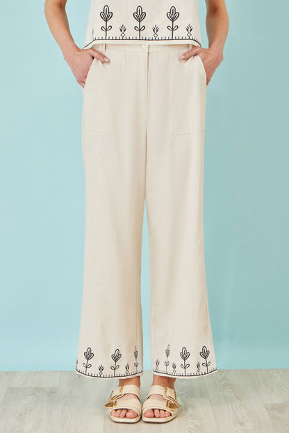 Ivory Linen Mix Embroirdered Trousers - Bascora