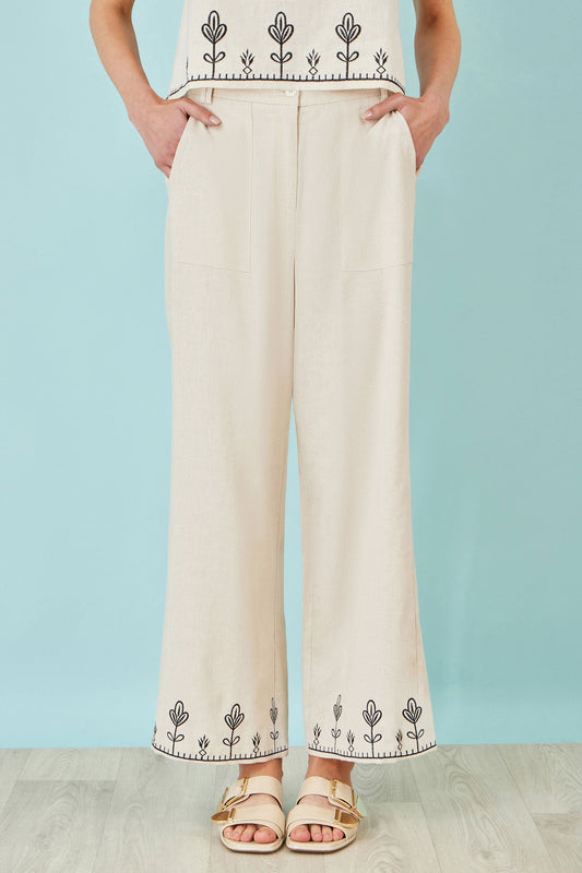 Ivory Linen Mix Embroirdered Trousers - Bascora