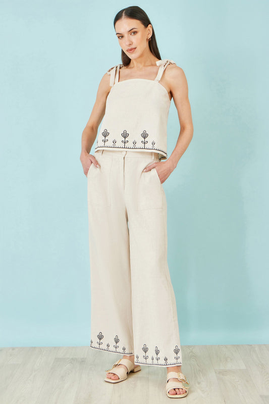 Ivory Linen Mix Embroirdered Trousers - Bascora