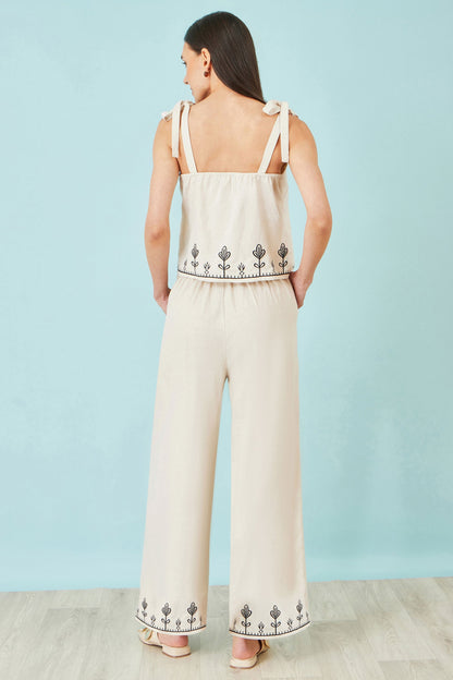 Ivory Linen Mix Embroirdered Trousers - Bascora