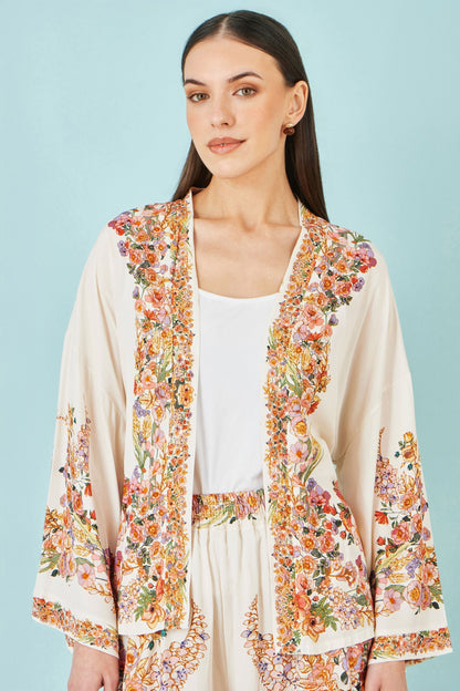 Ivory Viscose Floral Border Kimono With Tie Belt - Bascora