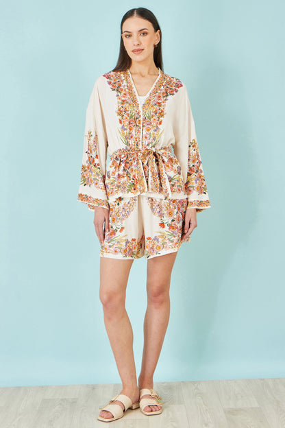 Ivory Viscose Floral Border Kimono With Tie Belt - Bascora