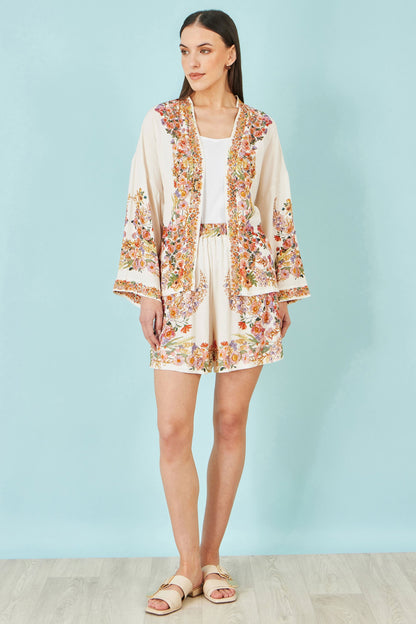 Ivory Viscose Floral Border Shorts - Bascora