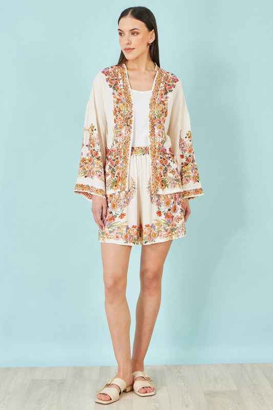Ivory Viscose Floral Border Shorts - Bascora