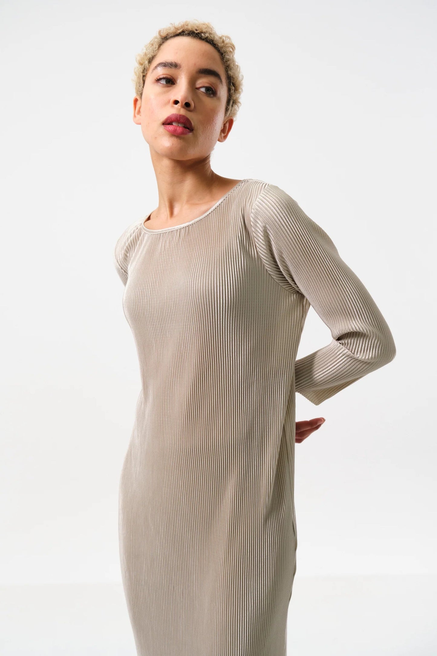 Joeva Pleated Midi Dress Stone
