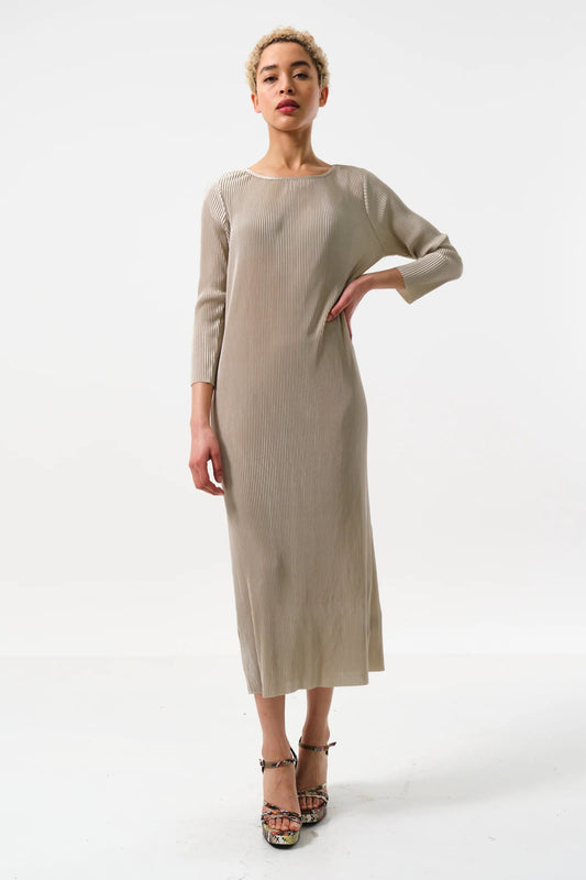Joeva Pleated Midi Dress – Stone - Bascora