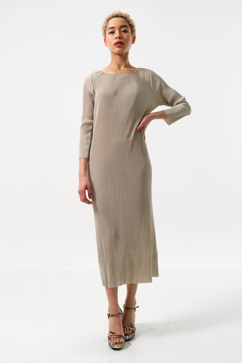 Joeva Pleated Midi Dress – Stone - Bascora