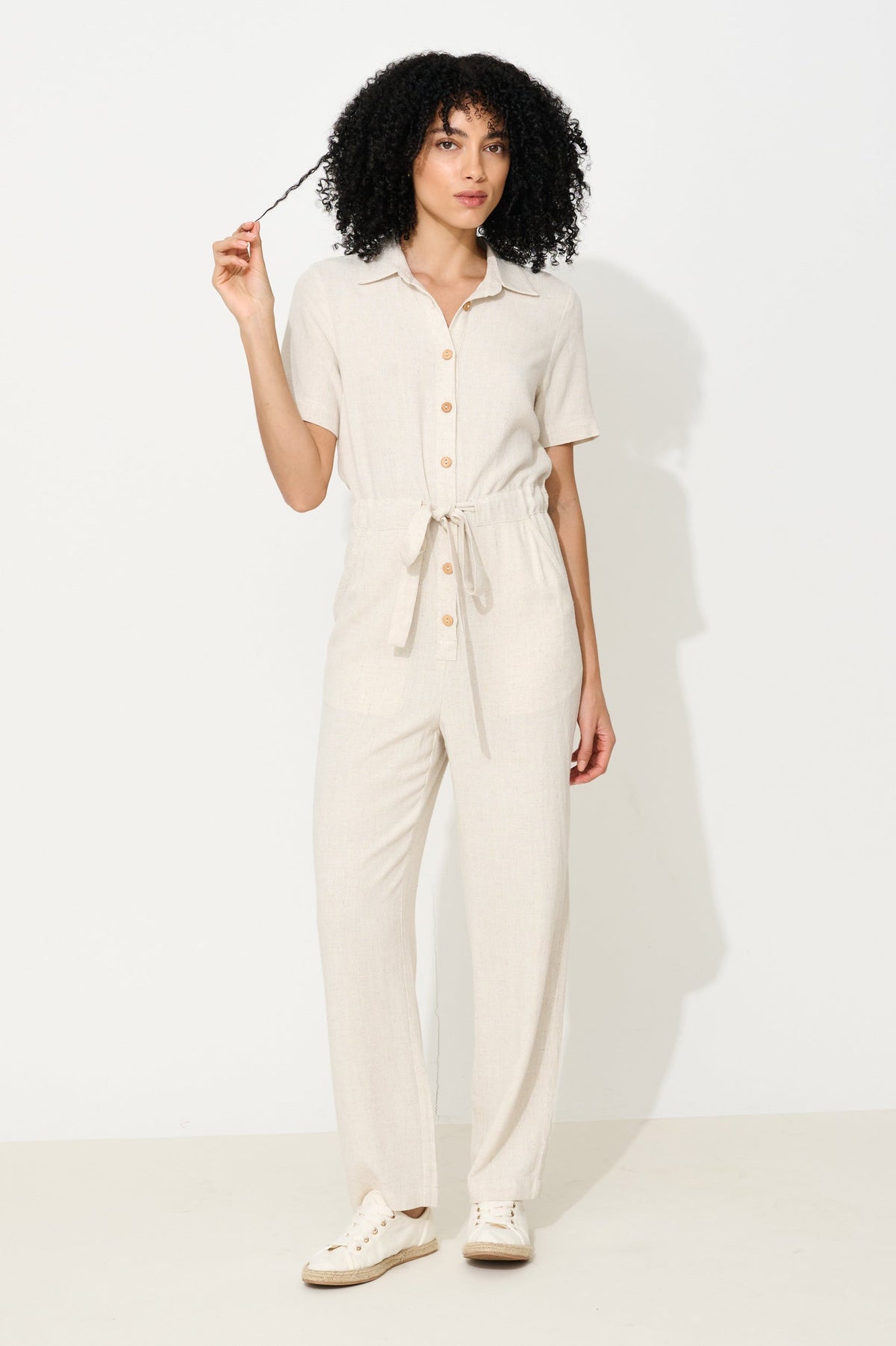 Justin Linen Mix Short Sleeve Jumpsuit – Natural - Bascora