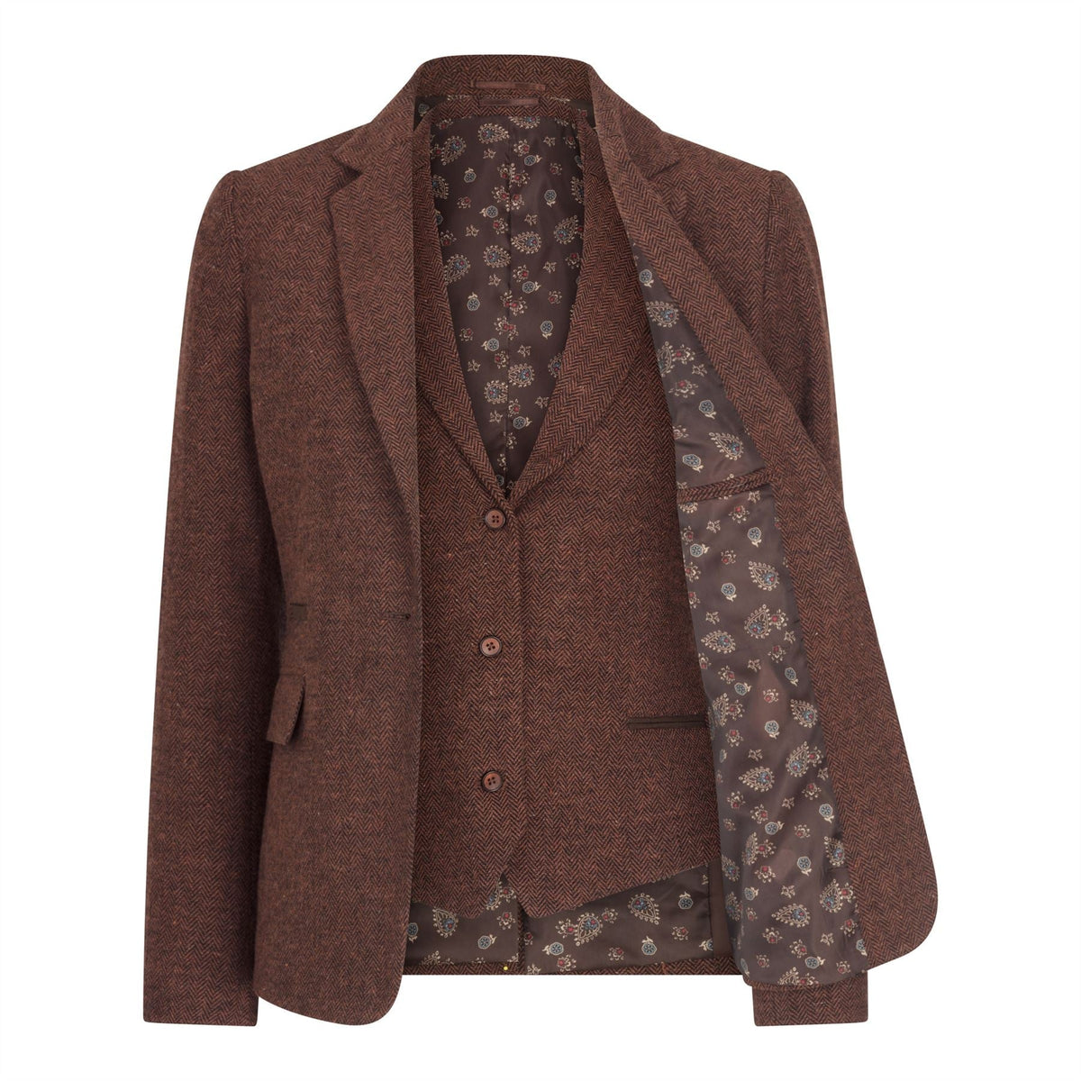 Women's Rust Brown Herringbone Wool Tweed Suit with Blazer, Trousers and Waistcoat