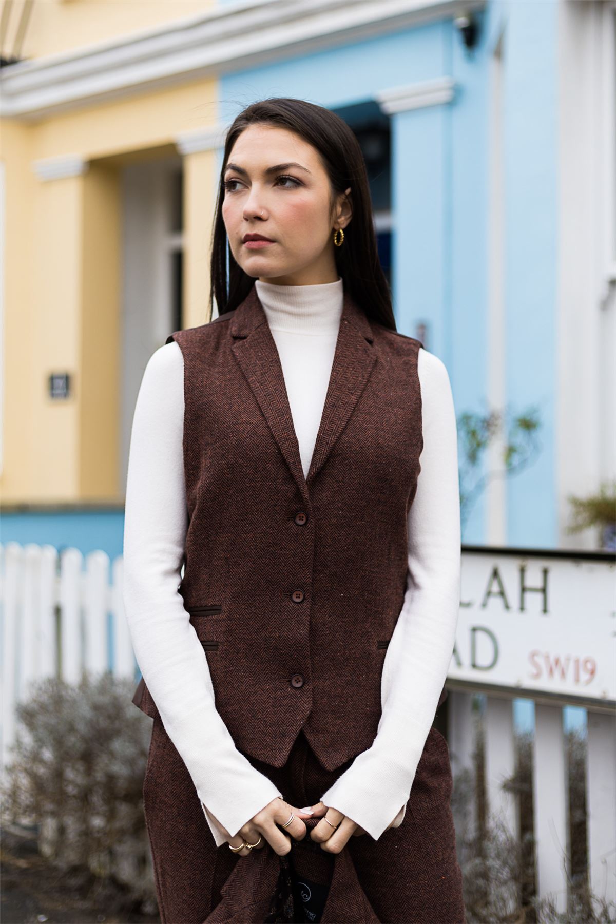Women's Rust Brown Herringbone Wool Tweed Suit with Blazer, Trousers and Waistcoat