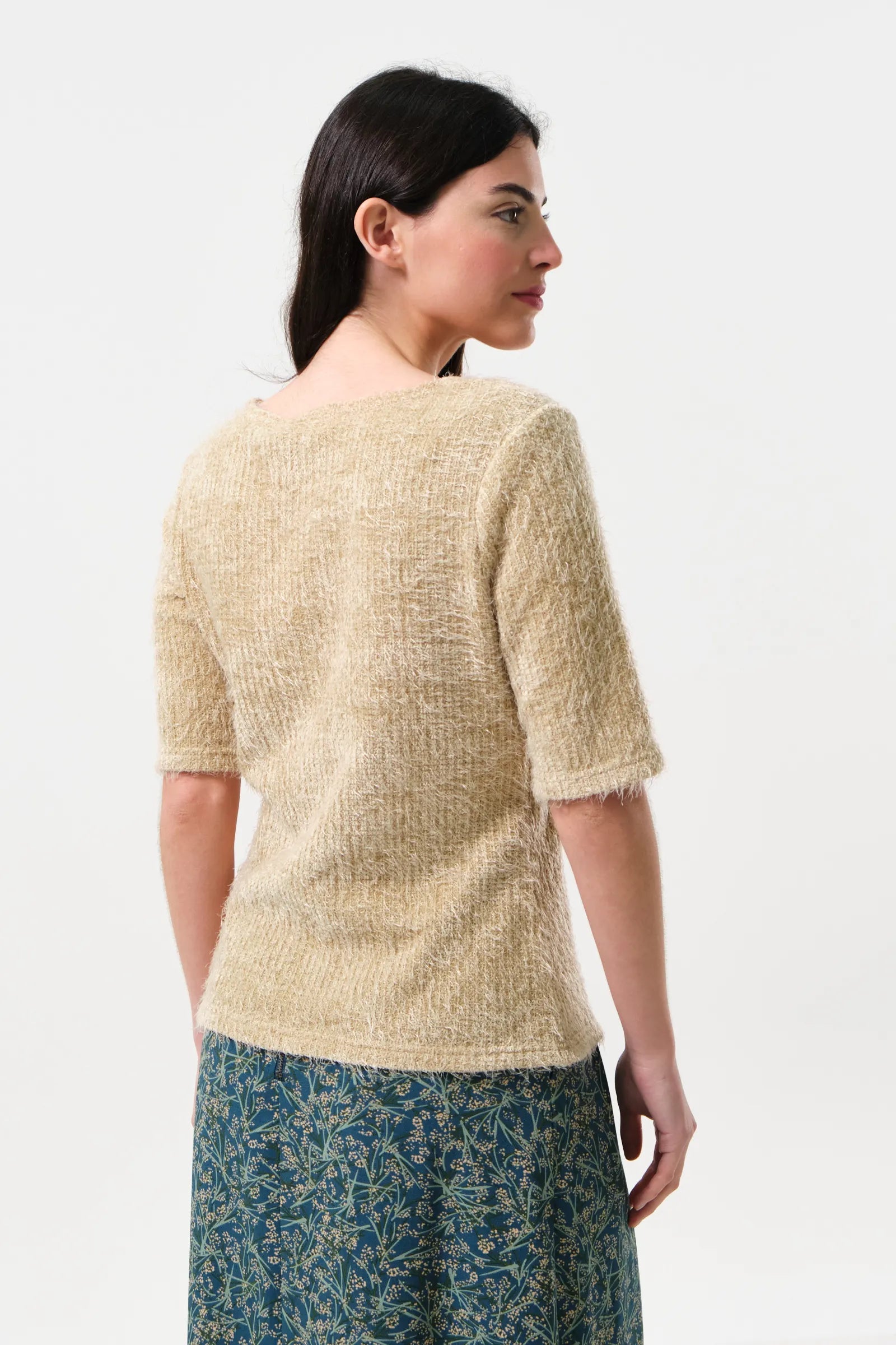 Laureen Eyelash Rib Short Sleeve Jumper – Beige - Bascora