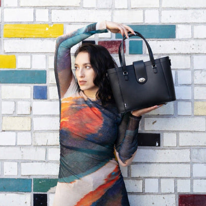 Leather Mini Twist Lock Shopper Bag – Black - Bascora