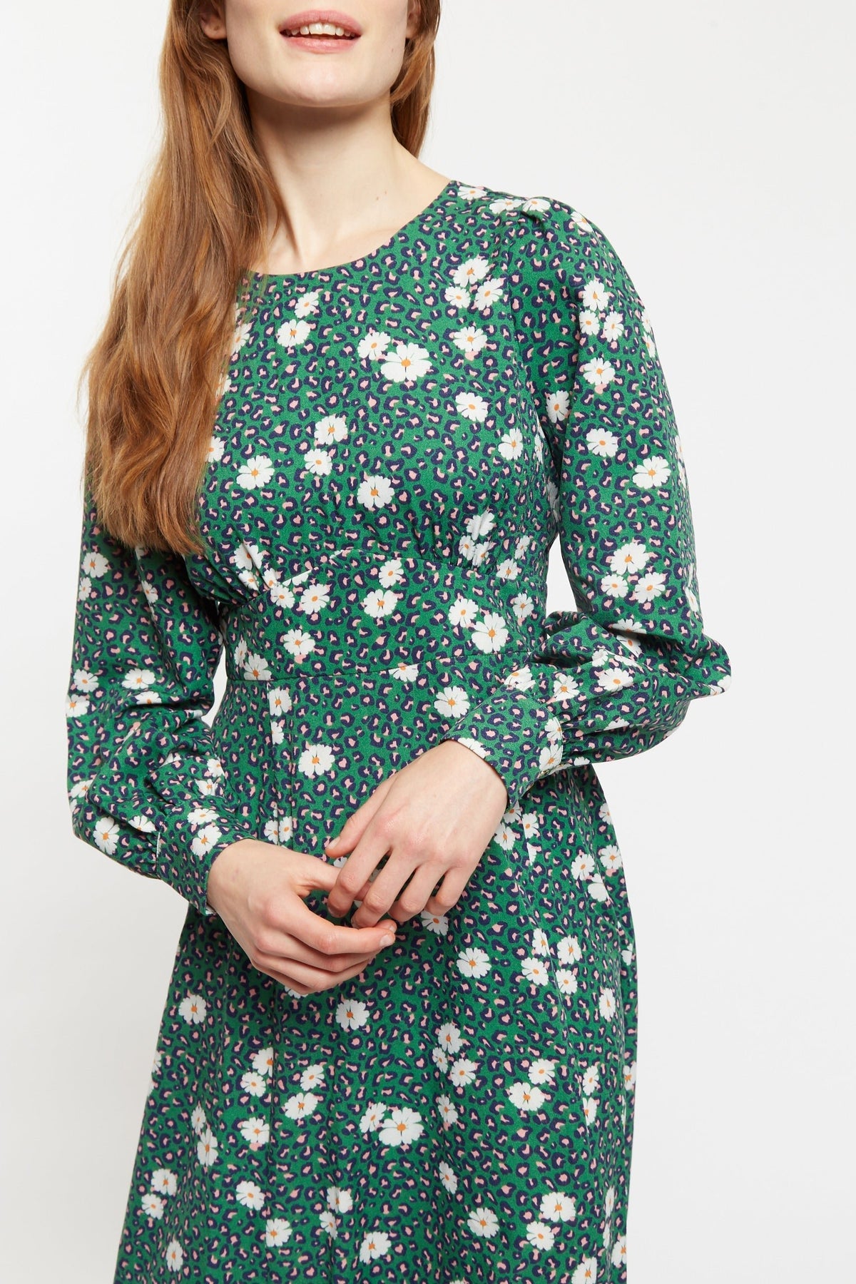 Liv Roaring Daisy Print Long Sleeve Midi Dress – Green - Bascora