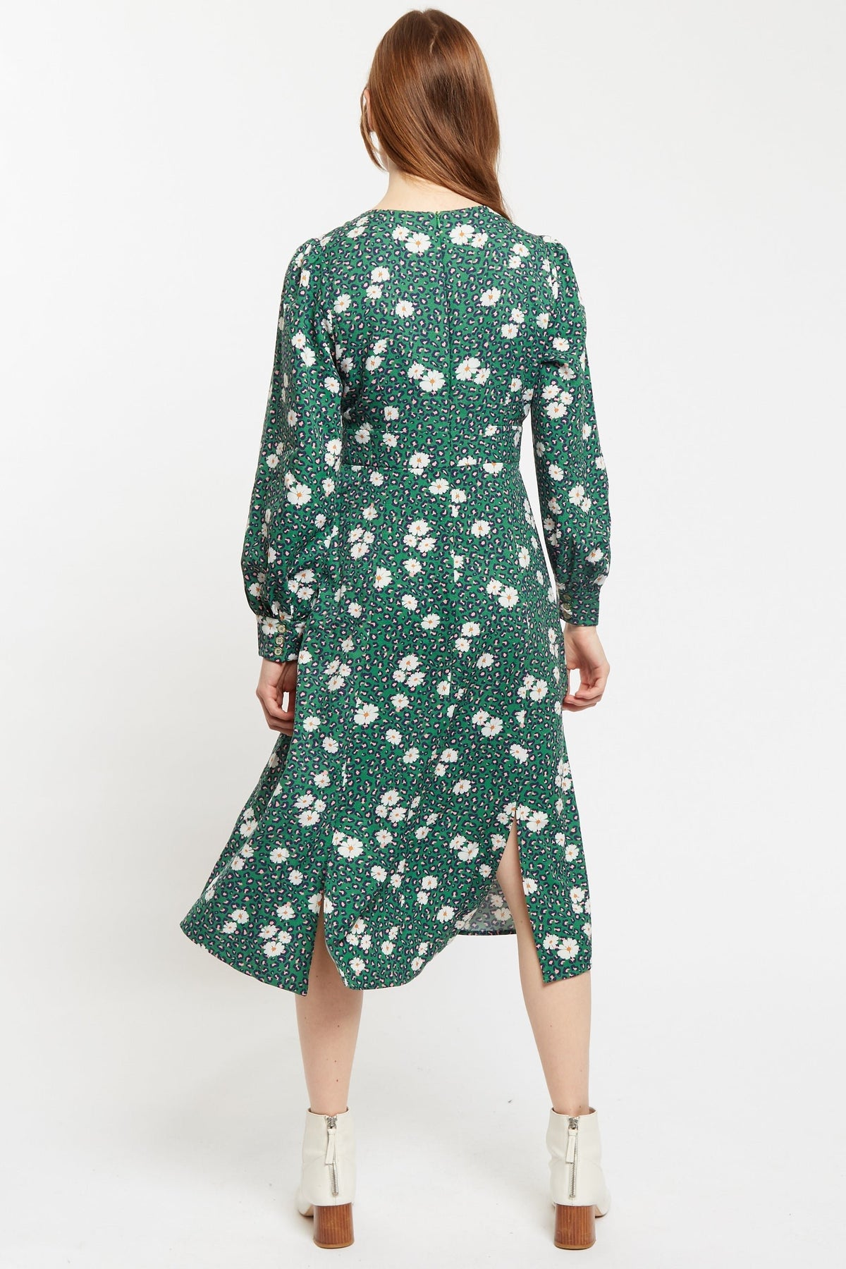 Liv Roaring Daisy Print Long Sleeve Midi Dress – Green - Bascora