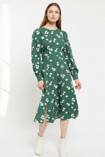 Liv Roaring Daisy Print Long Sleeve Midi Dress – Green - Bascora