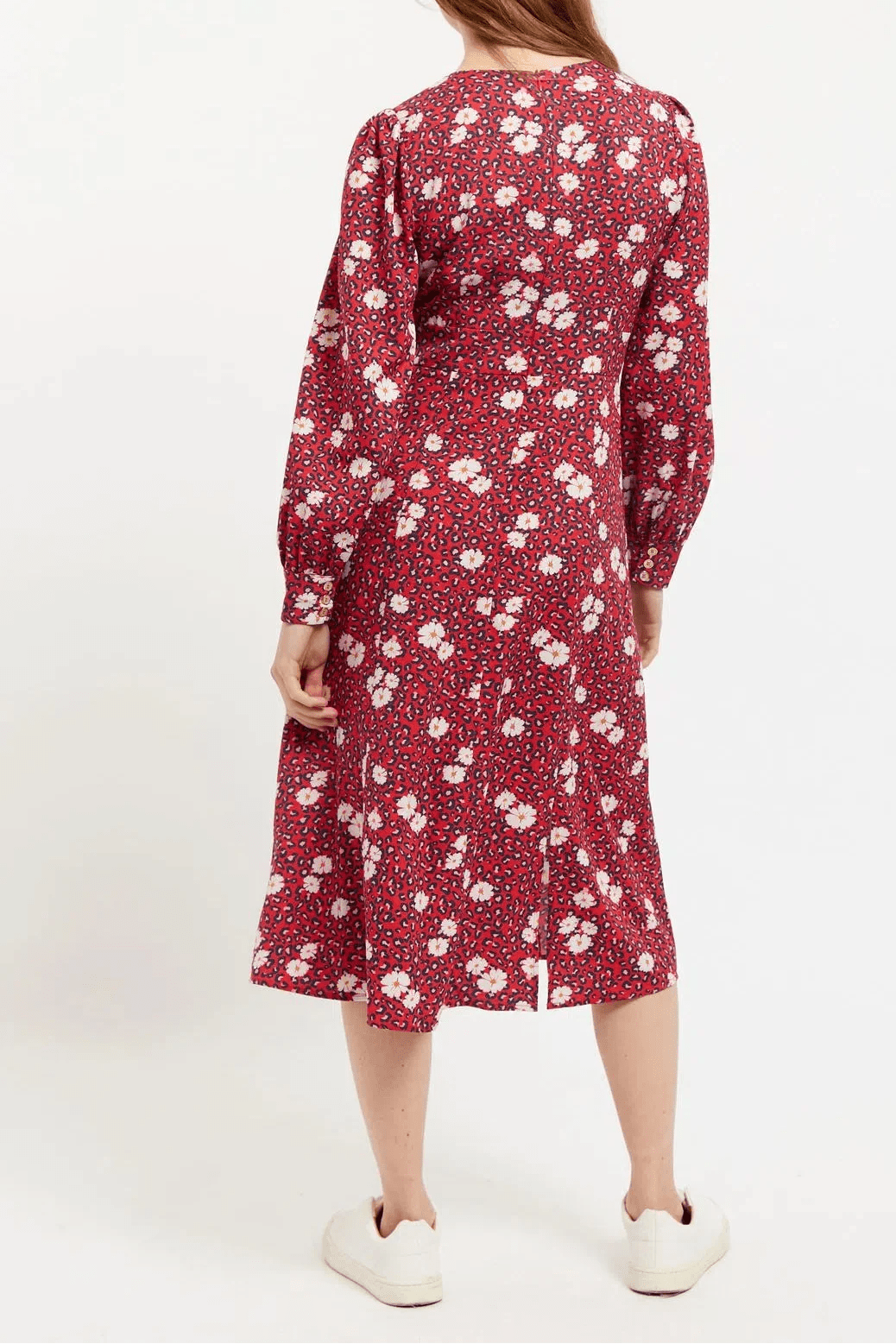 Liv Roaring Daisy Print Long Sleeve Midi Dress – Red - Bascora