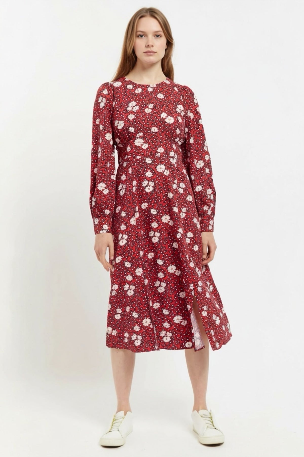 Liv Roaring Daisy Print Long Sleeve Midi Dress – Red - Bascora