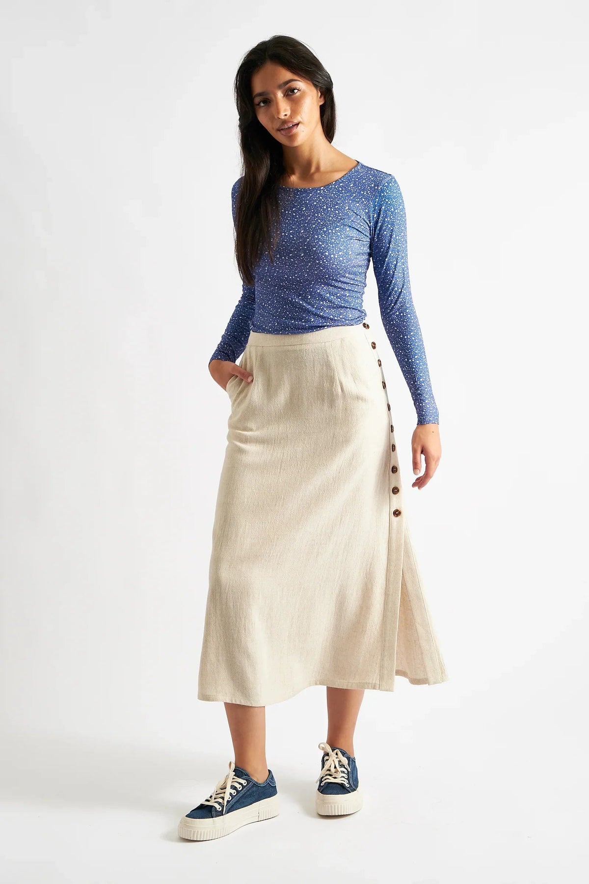 Lloyd Linen Mix Button Side Midi Skirt Natural | Louche
