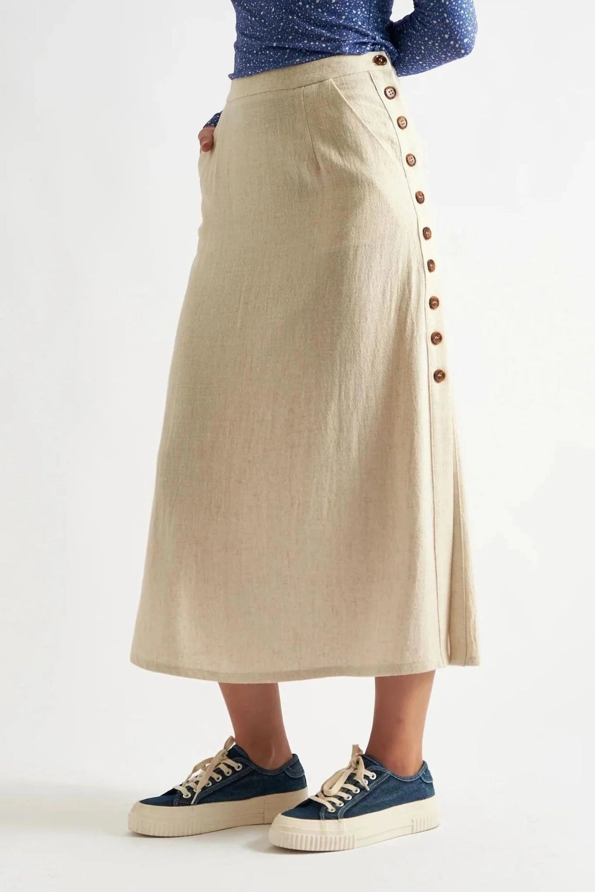 Lloyd Linen Mix Button Side Midi Skirt – Natural - Bascora