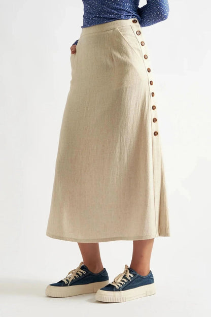 Lloyd Linen Mix Button Side Midi Skirt – Natural - Bascora