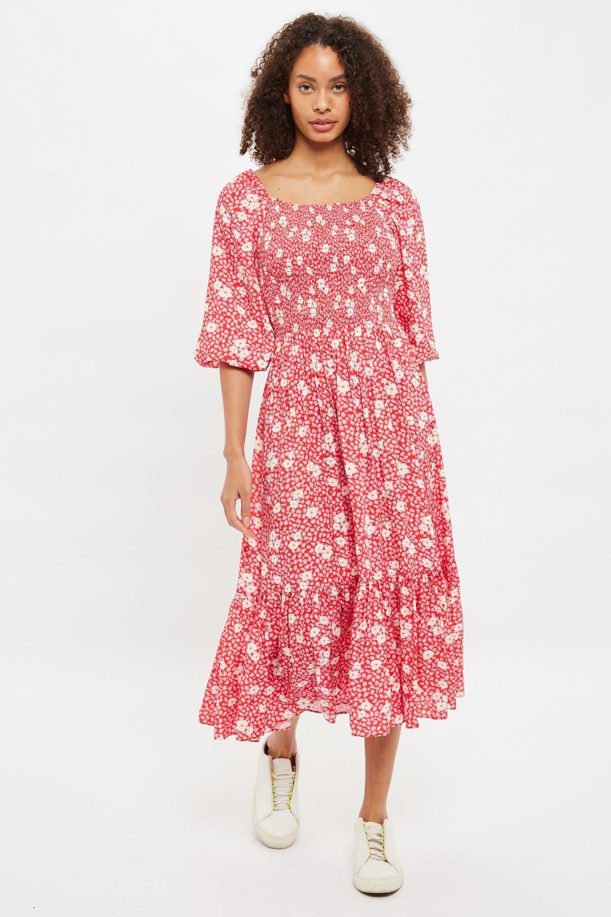 Loe Roaring Daisy Print Shirred Bodice Midi Dress - Bascora