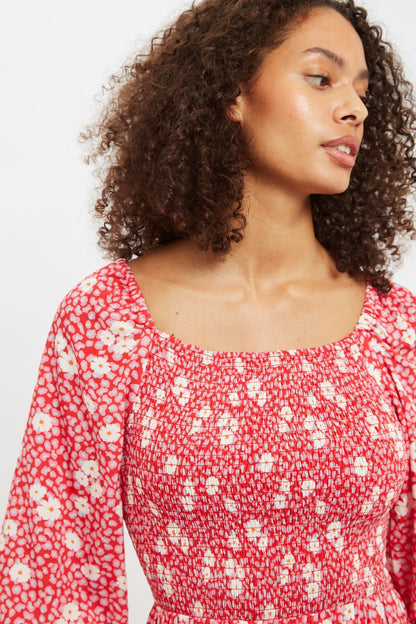Loe Roaring Daisy Print Shirred Bodice Midi Dress - Bascora