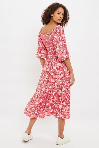 Loe Roaring Daisy Print Shirred Bodice Midi Dress - Bascora