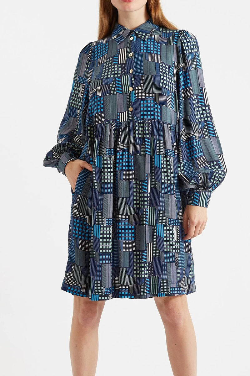 Melly Geo City Print Mini Shirt Dress - Bascora