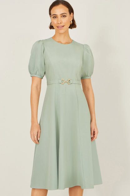 Mint Skater Dress With Puff Sleeves And Buckle Detail - Bascora